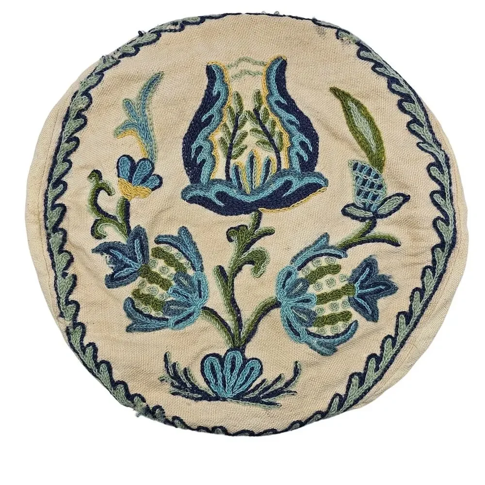 Vintage Crewel Embroidered Pillow Cover Round 12